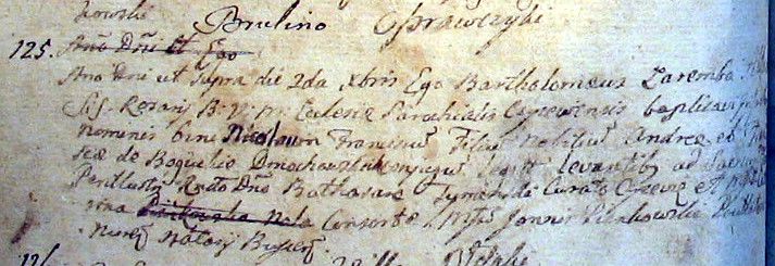 Metryka urodzenia Franciszka Ksawerego (Mikołaja Franciszka) Dmochowskiego - 2 XII 1762 rok